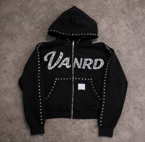 Custom rhinestone hoodie with Studded Zip-Up Details