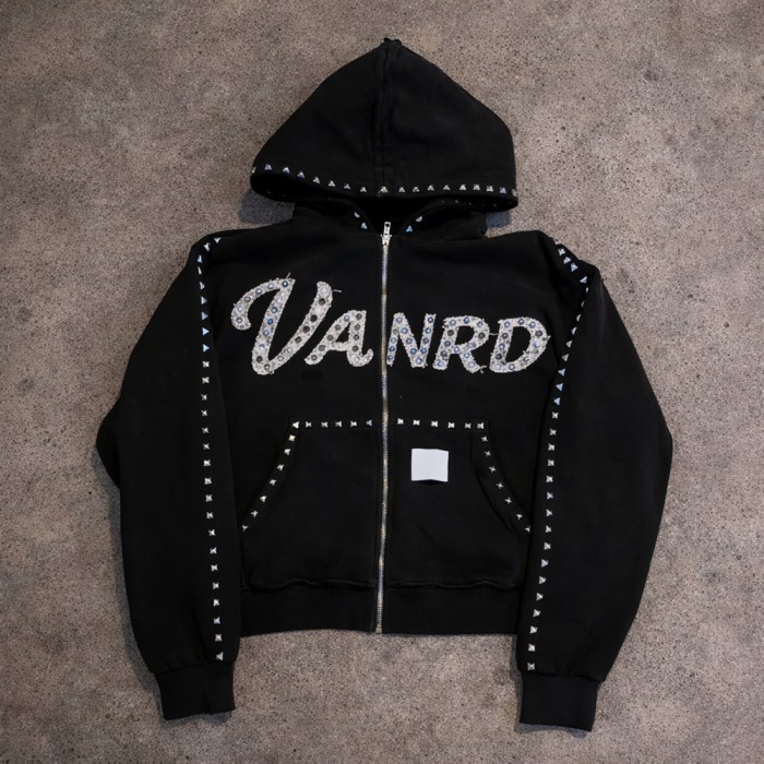 Custom rhinestone hoodie with Studded Zip-Up Details