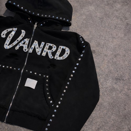 Custom rhinestone hoodie with Studded Zip-Up Details