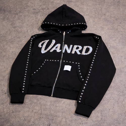 Custom rhinestone hoodie with Studded Zip-Up Details
