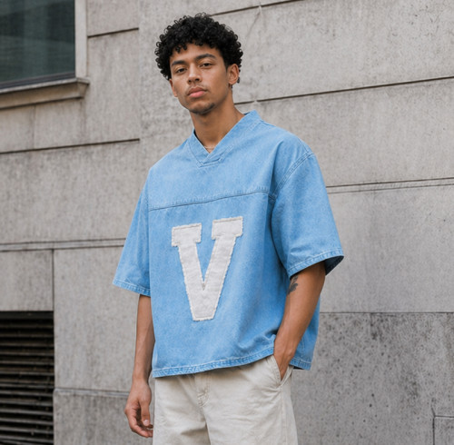 Custom Denim Shirt with V-Neck Patch for Streetwear Brands