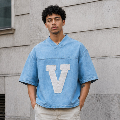 Custom Denim Shirt with V-Neck Patch for Streetwear Brands
