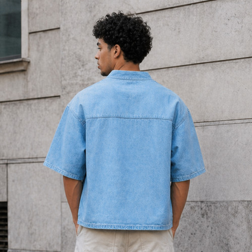 Custom Denim Shirt with V-Neck Patch for Streetwear Brands