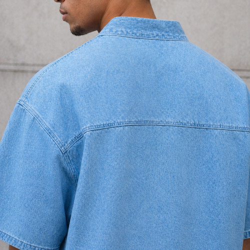 Custom Denim Shirt with V-Neck Patch for Streetwear Brands