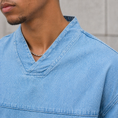 Custom Denim Shirt with V-Neck Patch for Streetwear Brands