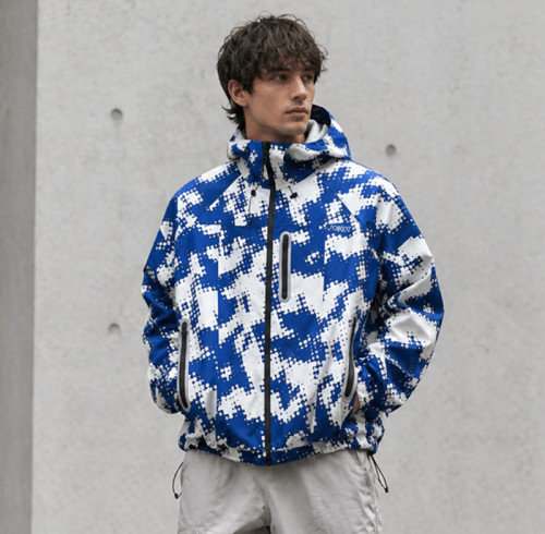 Custom Puffer Jacket with Blue Digital Camo Print