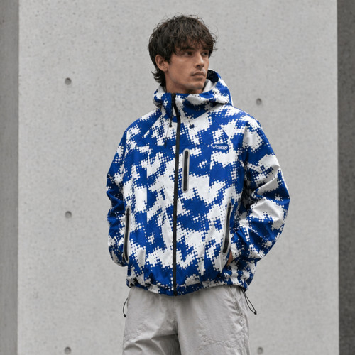 Custom Puffer Jacket with Blue Digital Camo Print