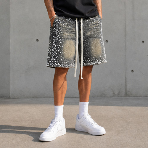 Custom Denim Shorts with Rhinestone Streetwear Finish