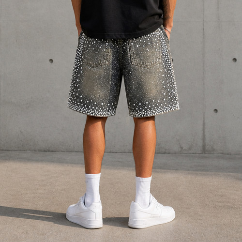 Custom Denim Shorts with Rhinestone Streetwear Finish