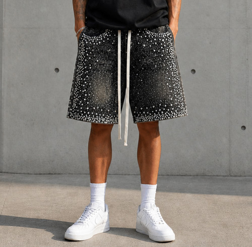 Custom Denim Shorts with Black Rhinestone Finish