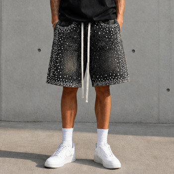 Custom Denim Shorts with Black Rhinestone Finish