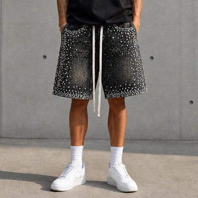 Custom Denim Shorts with Black Rhinestone Finish
