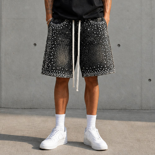 Custom Denim Shorts with Black Rhinestone Finish