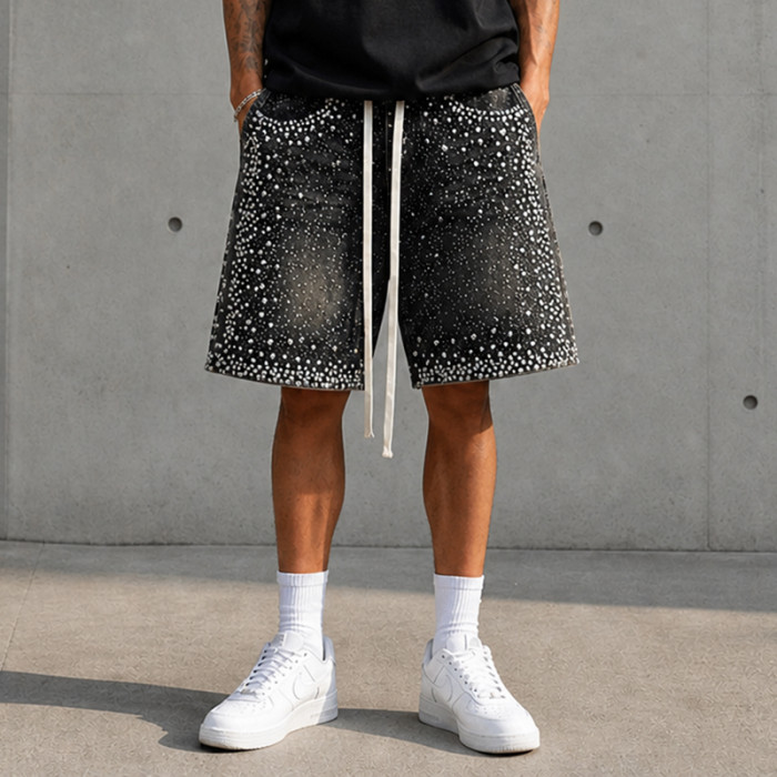 Custom Denim Shorts with Black Rhinestone Finish