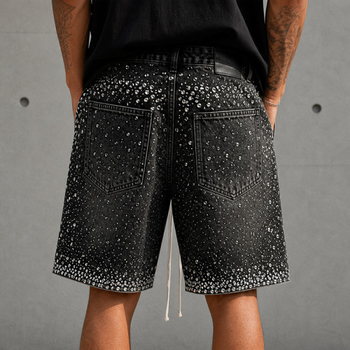 Custom Denim Shorts with Black Rhinestone Finish