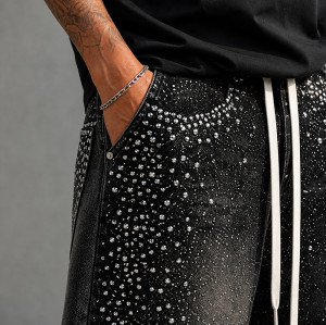Custom Denim Shorts with Black Rhinestone Finish