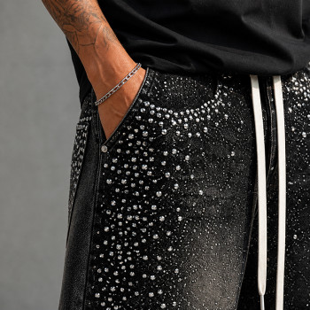 Custom Denim Shorts with Black Rhinestone Finish
