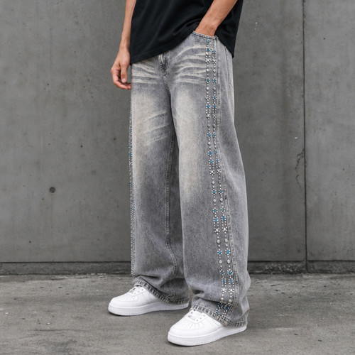 Custom Denim Jeans with Rhinestone Side Trim