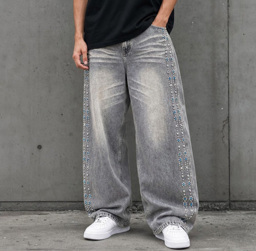 Custom Denim Jeans with Rhinestone Side Trim