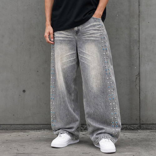 Custom Denim Jeans with Rhinestone Side Trim