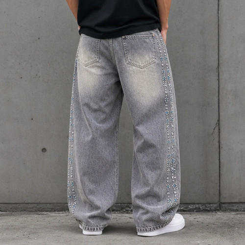 Custom Denim Jeans with Rhinestone Side Trim