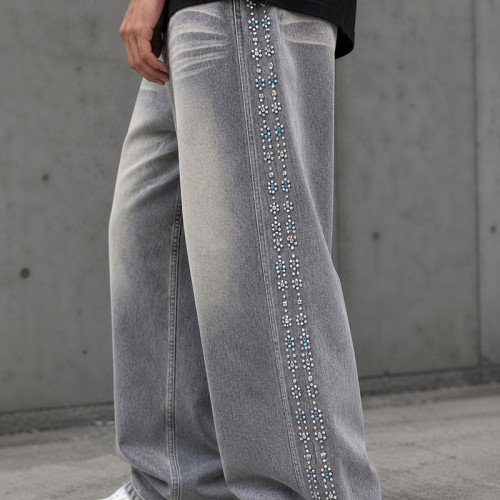 Custom Denim Jeans with Rhinestone Side Trim