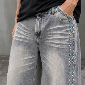 Custom Denim Jeans with Rhinestone Side Trim