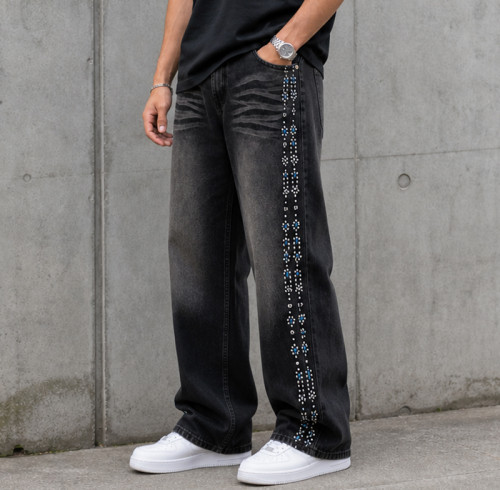 Custom Denim Jeans with Black Rhinestone Side Trim