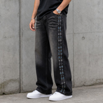 Custom Denim Jeans with Black Rhinestone Side Trim