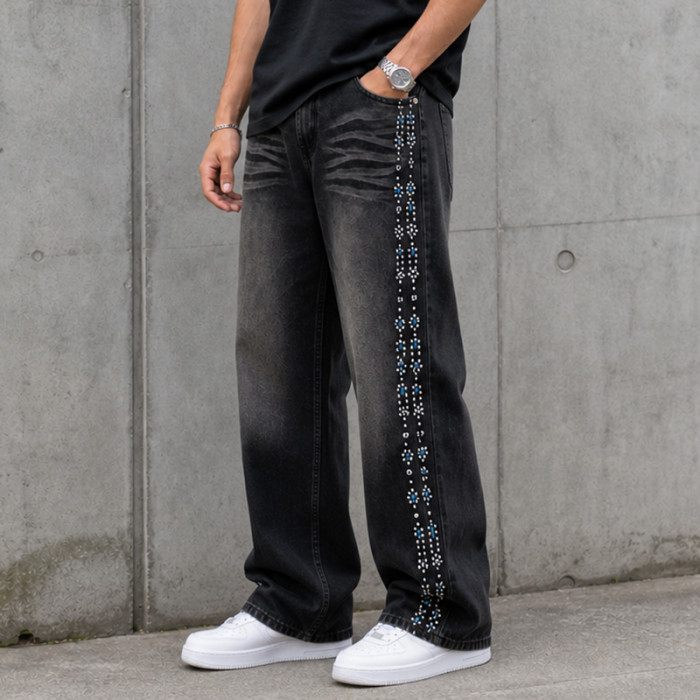 Custom Denim Jeans with Black Rhinestone Side Trim