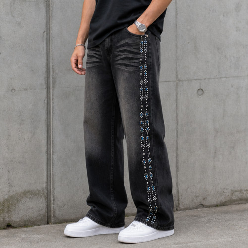 Custom Denim Jeans with Black Rhinestone Side Trim