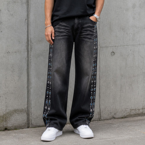 Custom Denim Jeans with Black Rhinestone Side Trim
