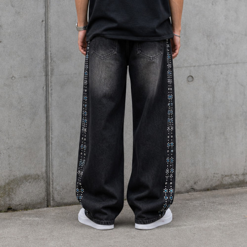 Custom Denim Jeans with Black Rhinestone Side Trim