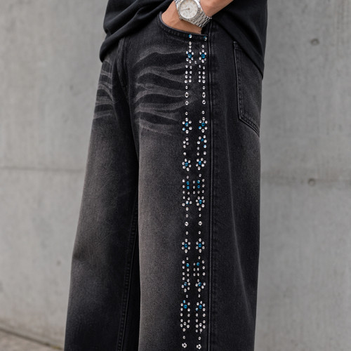 Custom Denim Jeans with Black Rhinestone Side Trim