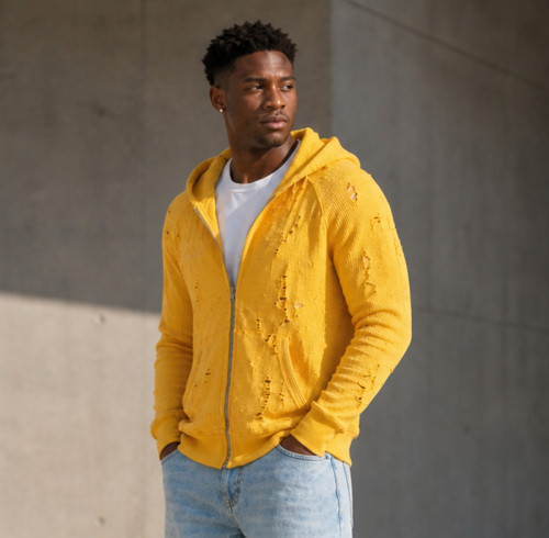 Custom Zip Hoodie with Distressed Knit Texture