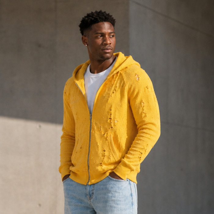 Custom Zip Hoodie with Distressed Knit Texture