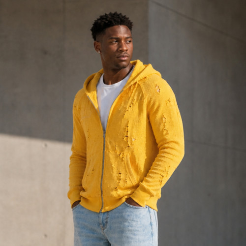 Custom Zip Hoodie with Distressed Knit Texture
