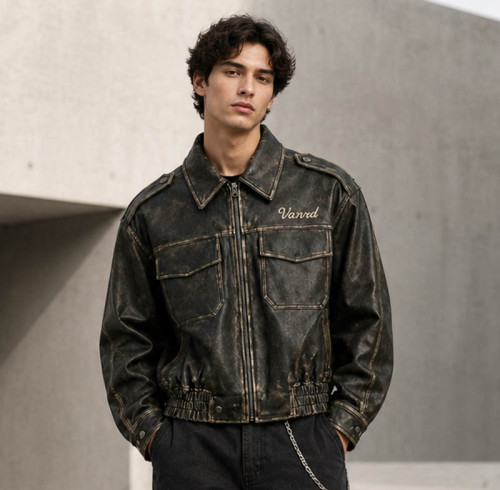 Custom Leather Jacket with Distressed Finish for Brands