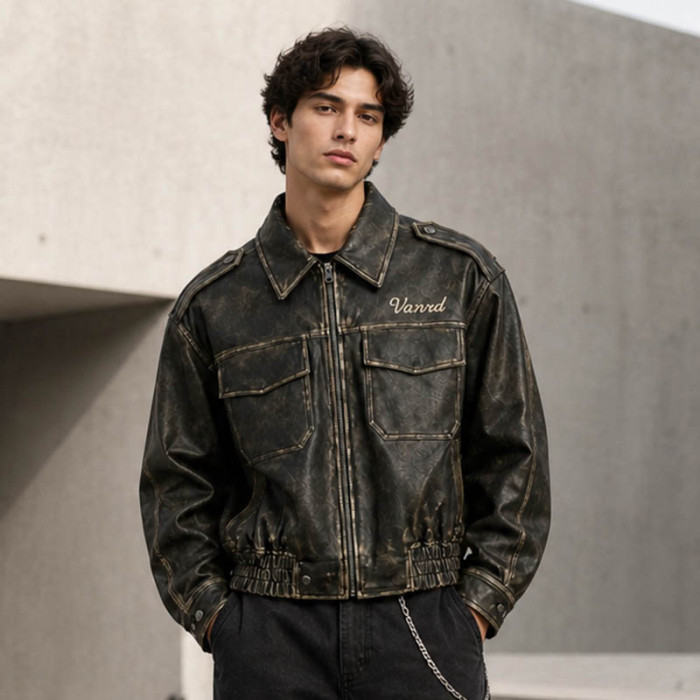 Custom Leather Jacket with Distressed Finish for Brands