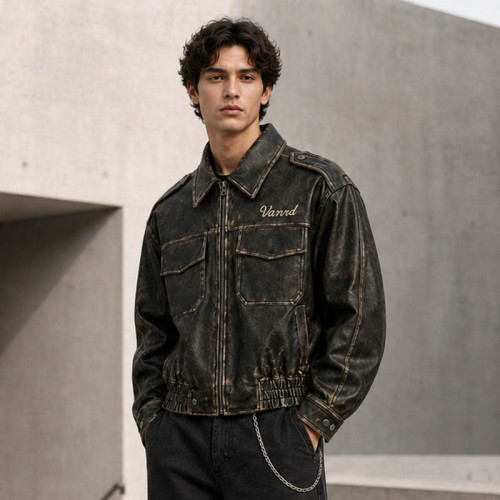 Custom Leather Jacket with Distressed Finish for Brands
