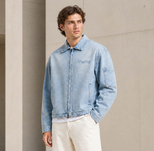 Custom Denim Jacket with Light Wash Zip-Up Design