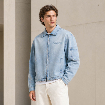 Custom Denim Jacket with Light Wash Zip-Up Design