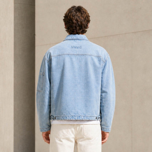 Custom Denim Jacket with Light Wash Zip-Up Design