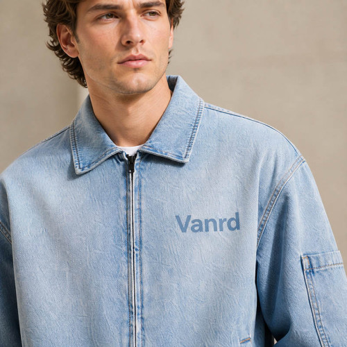Custom Denim Jacket with Light Wash Zip-Up Design