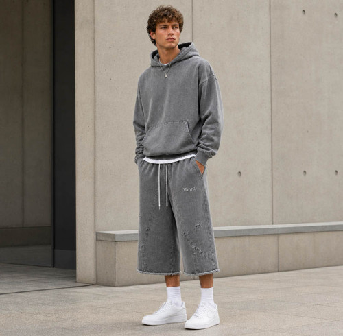 Custom Tracksuit Set for Washed Hoodie and Long Shorts