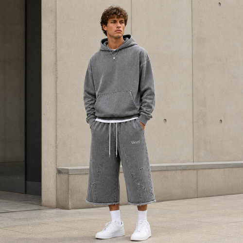 Custom Tracksuit Set for Washed Hoodie and Long Shorts