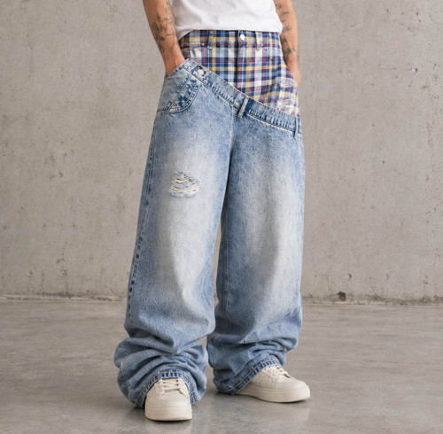 Custom Baggy Jeans With Plaid Waistband