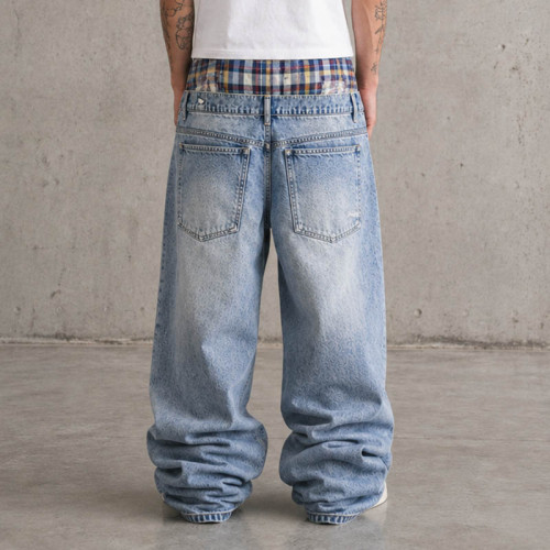 Custom Baggy Jeans With Plaid Waistband