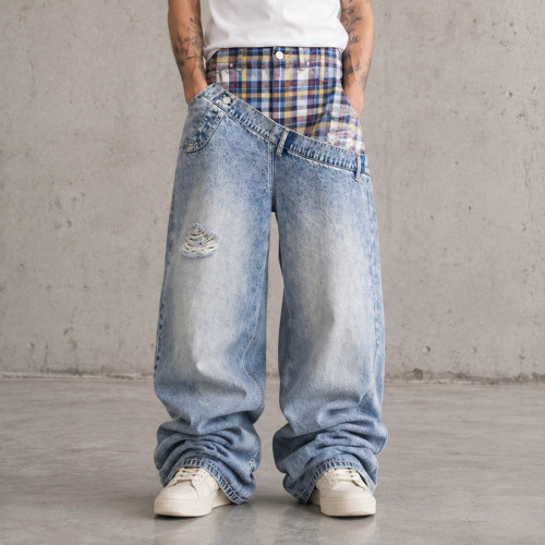 Custom Baggy Jeans With Plaid Waistband