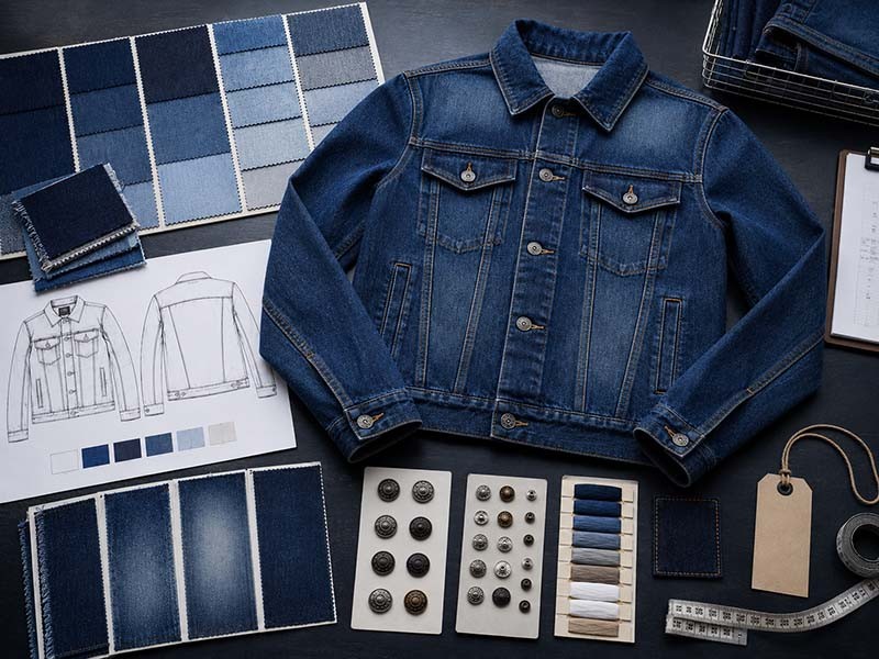 Custom denim jacket sample review desk with wash approval trims labels and measurement tape